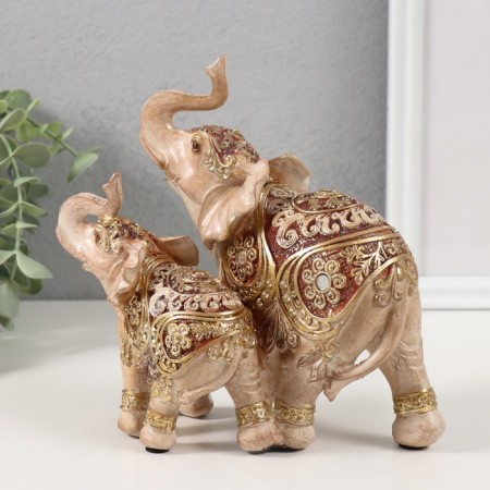 Polystone souvenir "Elephant with an elephant, flowers and patterns on the blanket" Gold and Bezh 15.5x10x16 cm-1