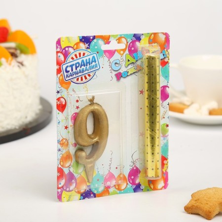 Candle for cake the number "9", "Oval + fountain" Golden-2