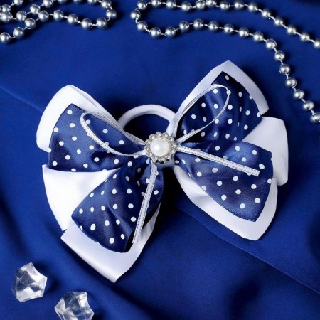 Hair elastic band "Schoolgirl" Balt flower and peas, 13 cm, white-blue
