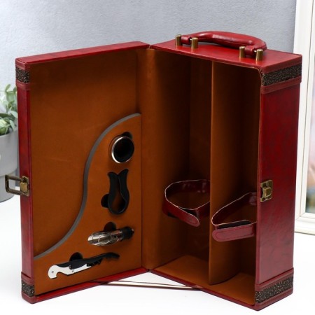 Casket wood, leatherette for 2 bottles "winemaking" 4 red-brown items 35x12x20 cm-2