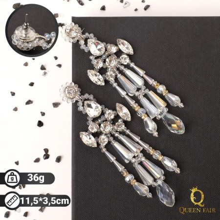 Hanging earrings with rhinestones "Dolce Vita" shine, white-golden color in silver