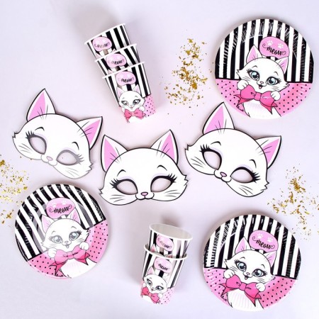 A set of paper dishes with masks "cat": 6 plates, 6 glasses, 6 masks-1