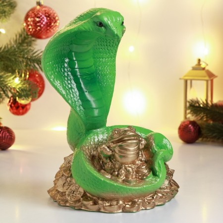 New Year. Symbol 2025. Figure "Snake of a cobra on money with a toad" 25x18cm, green-1