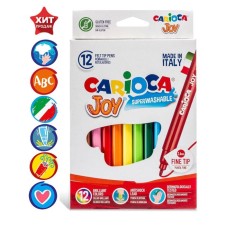 Фломастеры 12 цветов, Carioca "Joy", тонкий наконечник,  увеличенный ресурс, суперяркие, легко смываемые и нетоксичные чернила, европодвес