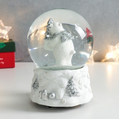Souvenir Polystone Water Ball Music "White Bear with a Christmas tree and a gift" 11.5x11.5x14 cm-3
