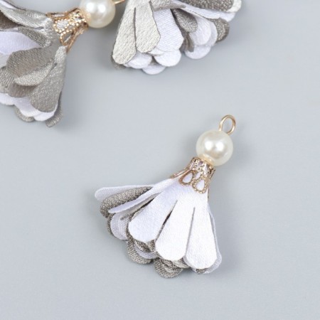 Decor Textile "Flower 2 colors with pearls. Gray and white" set 6 pcs 3 cm