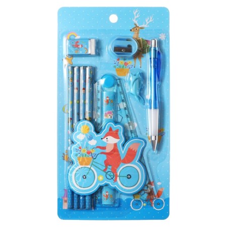 Cleaning Callire Calligrata 9 items, 4 black-graphic pencils, sharpener, eraser, ruler, handle, nozzle, blue.