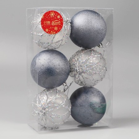 Set of balls plastic D-8 cm, 6 pcs "Brilling strips" Blue silver-1