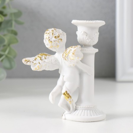 Polystone candlestick for 1 candle "Angel on a column" D-1.2 cm white with gold 9.8x8x7 cm-2