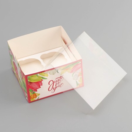 Box for 4 cupcake with a transparent lid, "tulips", 16 × 16 × 10 cm, confectionery packaging-3