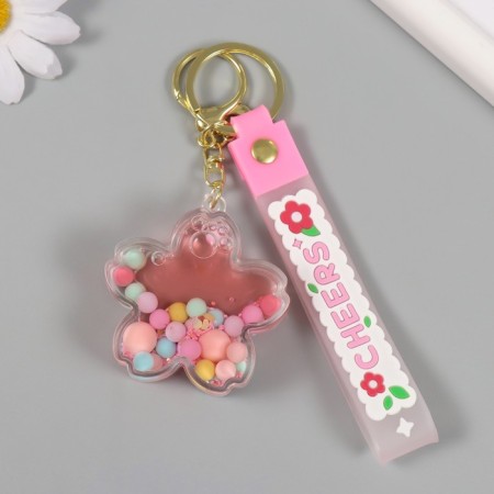 A keychain plastic with a carbine, a strap "Flower with balls" Water with decor 6x6x2 cm-1