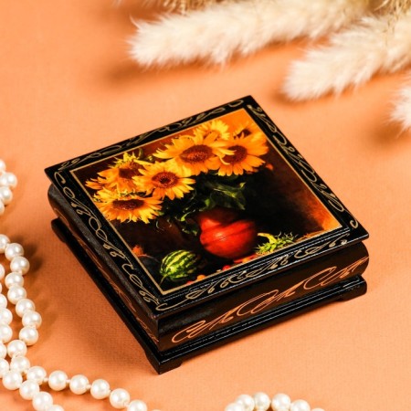 Bouquet "Bouquet of Sunflowers in a Vase", 10 × 10 cm, lacquer miniature