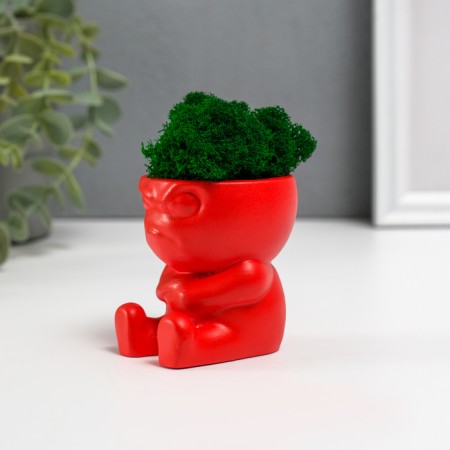 Concrete Kashpo "Mr. Evil" with moss 7*6cm red (moss green stabilized)