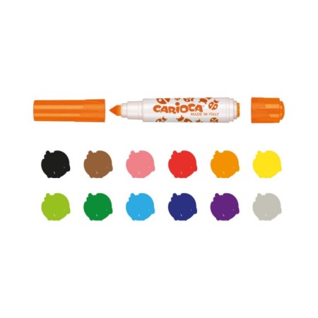 Flomasters bilateral 12 colors, Carioca "Stamperelllo", with stencils, washed off ink, in a cardboard box-2