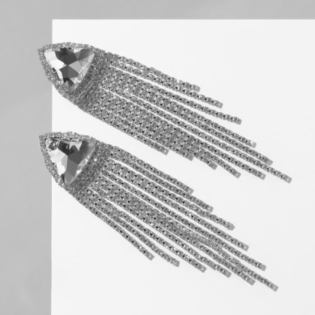 Hanging earrings with grace rhinestones large triangle, white color in silver, 11 cm-3
