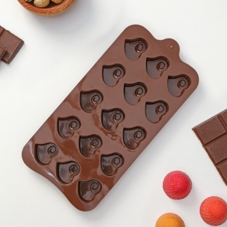 Form for chocolate of the share "Heartburn", silicone, 21.5 × 11 × 1.5 cm, 15 cells, brown color-2