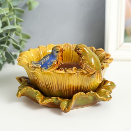 Ceramics candlestick for 1 candle "Birds on the flower" D-8 cm 14x14x8 cm-3