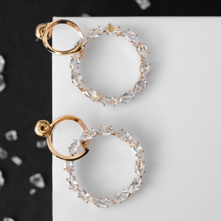 Earrings with rhinestones "Flash" two circles, white color in gold-1