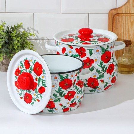 Set of pots "Siberian poppies", 2 items: 4 l, 5.5 l, enameled covers, induction-1