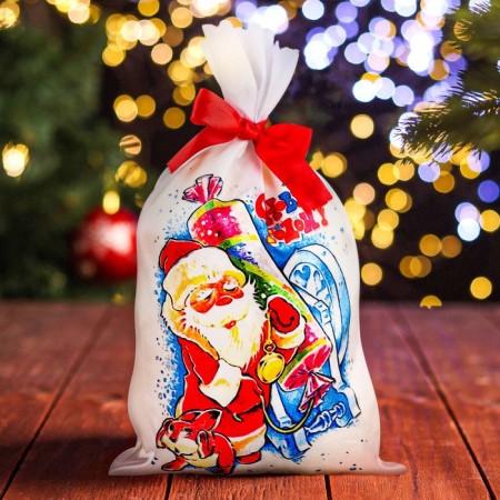 New Year's bag "Santa Claus with a cracker", satin, full -color printing, 21x35 cm