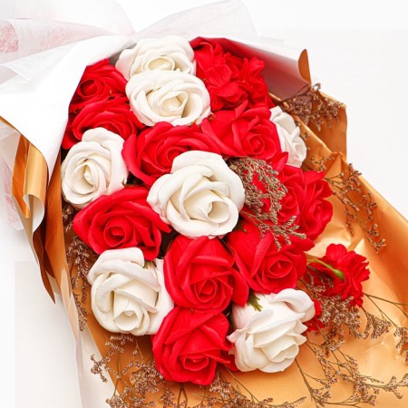 Bouquet of soap red and white roses in a box of 20 pcs-5