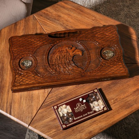 Handmade backgammon "eagle", deep cutting, with a pen, 60x30 cm, with a chess field, Armenia