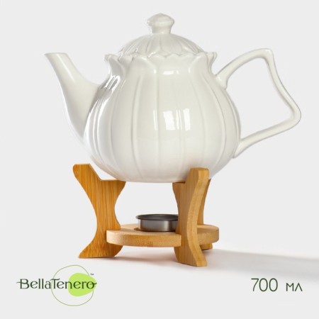 A porcelain teapot on a stand from Bellatenero bamboo "Tulip", 700 ml, white color