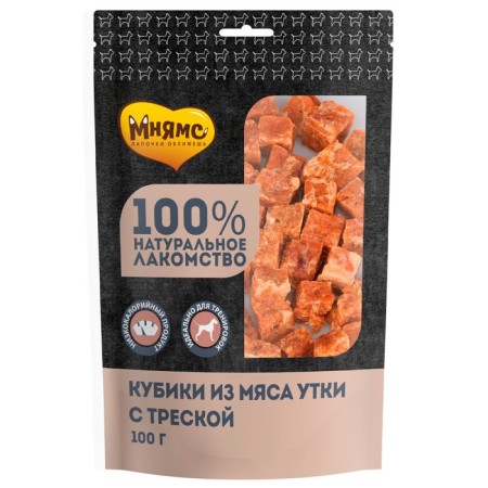 Mnyams delicacy for dogs duck cubes with cod, 100 g