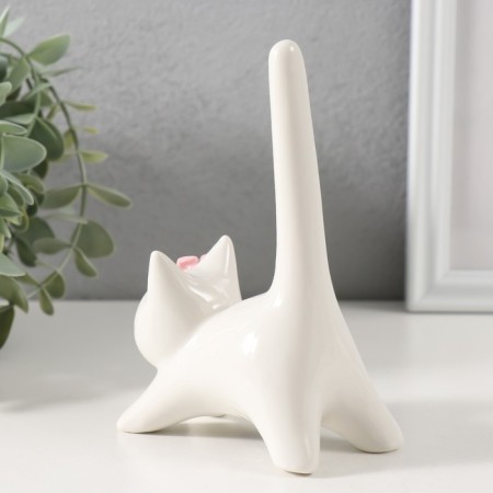 Souvenir Ceramics "Cat White with a long tail and pink flower" 9.4x5.3x14 cm-3
