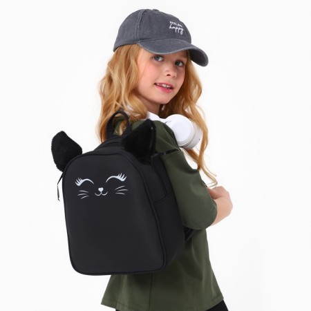 School textile backpack with ears on the hairpins "Cat", 27x23 cm, black color-21