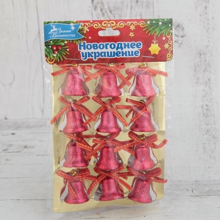 Jewelry decoration "Bells with a pattern and a bow" (set 12 pcs) 2 cm, red-1