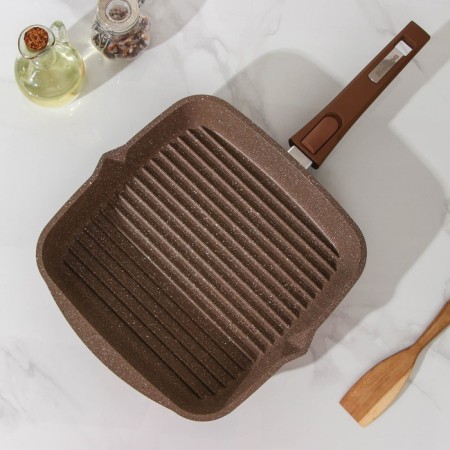 Granite Grill pan, 26 × 26 cm, removable handle, glass cover, anti-stick coating, brown color-1
