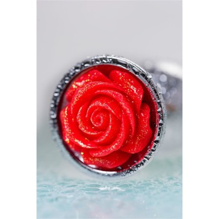 Anal plug Metal by Toyfa, metal, silver with red rose, d = 27 mm 8 cm, 48 g 104480-8
