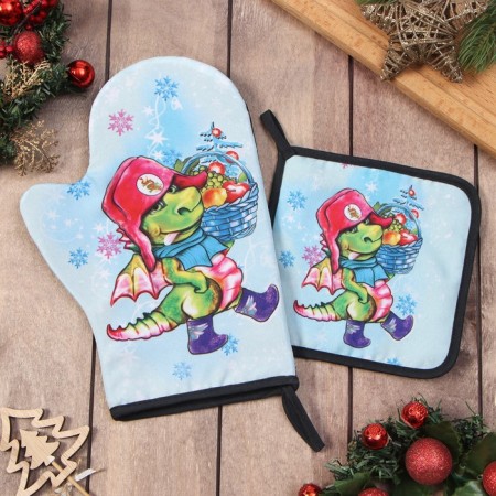 Set of kitchen. "Winter Walk": mittens 20x28 cm, severity 17x17 cm, 35% HL, 65% PE, Vatin 25