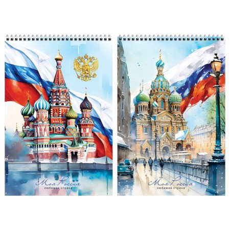 Notepad A4, 80 sheets in the cage on the rowing "Russia", cover of shaky cardboard, hard substrate, mix