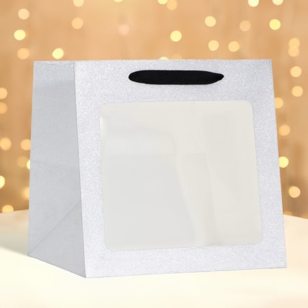 Crafts with a square bottom and window, 25 x 25 x 25 cm, silver with glitter