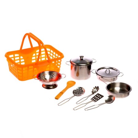 A set of metal dishes "Super Chef", with an apron and a cap, in a basket, mix-7