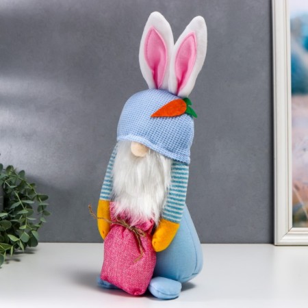 Interior doll "Dwarf in a hat with bunny ears, with a bag" Blue 40x14 cm-2