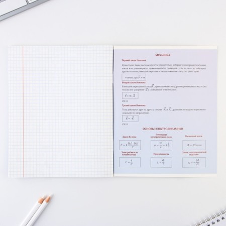 An objective notebook 48 sheets, A5, gradient, with reference materials “September 1: Physics”, cover coated cardboard 230 gr., Inner block in a cage 80 gr., Whiteness 96%, block No. 1.-3