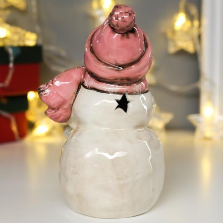 Souvenir Ceramics Light "Snowman with a snowman in pink caps" 17.5x11x12.5 cm-4