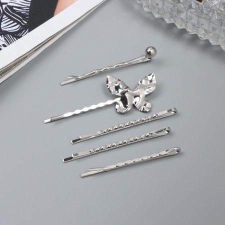 Invisible hair "Bente" (set of 5 pcs) butterfly, 5 and 6 cm, silver