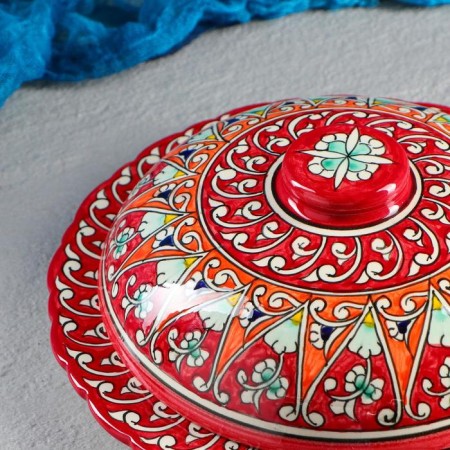 The pancake of Rishtan ceramics "Flowers", 24 cm, red-5