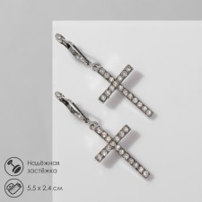 Earrings with rhinestones “crosses” on the square elongated, white color in silver
