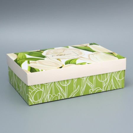 The box is folding, the lid is, “from March 8”, 30 x 20 x 9 cm without a window