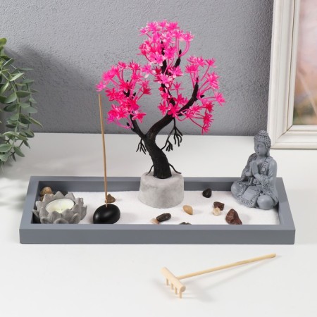 Zen Garden "Buddha Meditates Sakura" Sand+Stones+Aroma Back+Candle32x13x22 cm