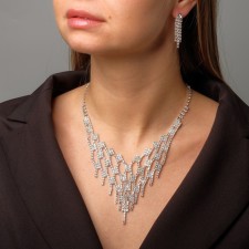 Set 2 objects: earrings, necklaces of “sparks” brushes, white color in silver, 30 cm
