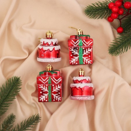 A set of jewelry plastic 4 pcs "carnival" (2 cakes, 2 gifts) 7x5 cm, red