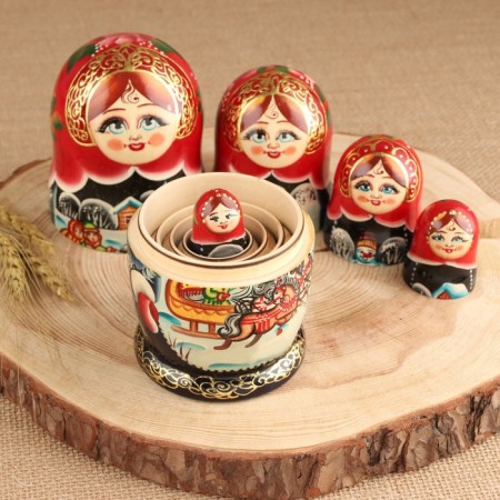 Troika matryoshka, red scarf, 5 puppet, suite-3