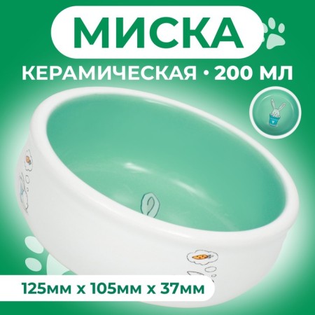 Ceramic bowl for rabbits 200 ml 10 x 3.7 cm, mint/white
