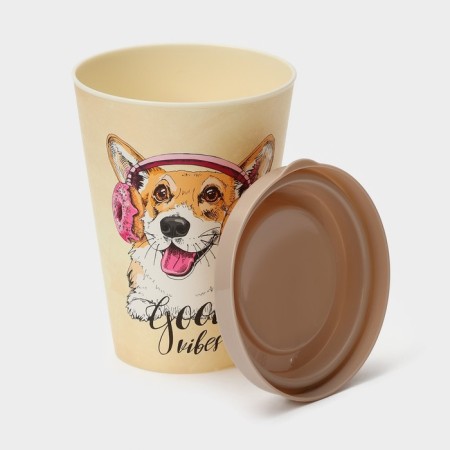 A plastic glass with a lid iZI-go, 420 ml, 9.3 × 9.1 × 13.1 cm, decor animals, beige color-4